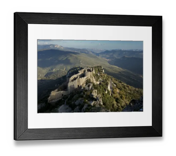 Framed Print : View of ruined Cathar Castle fortress on limestone ridge, Chateau de Peyrepertuse, Duilhac-sous-Peyrepertuse, Aude Framed Print : View of ruined Cathar Castle fortress on limestone ridge, Chateau de Peyrepertuse, Duilhac-sous-Peyrepertuse, Aude