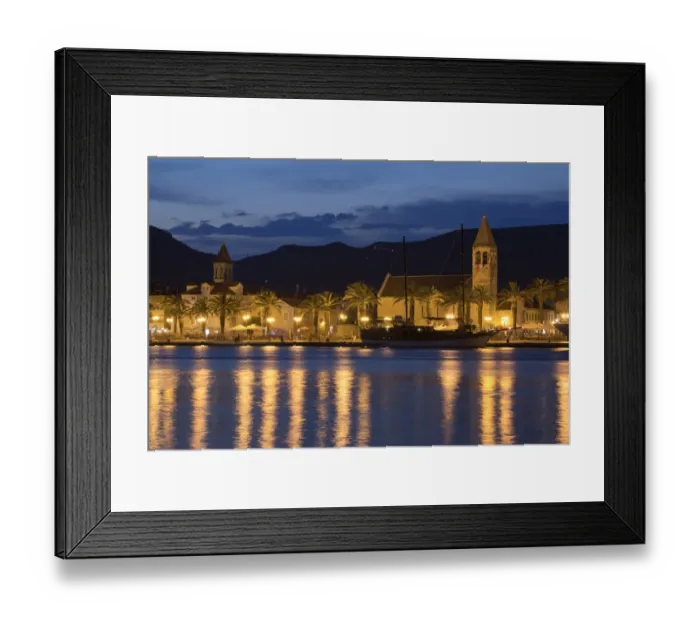 Framed Print : View of old town and harbour with Catholic church and palm trees at night, Trogir, Dalmatia, Croatia, July Framed Print : View of old town and harbour with Catholic church and palm trees at night, Trogir, Dalmatia, Croatia, July