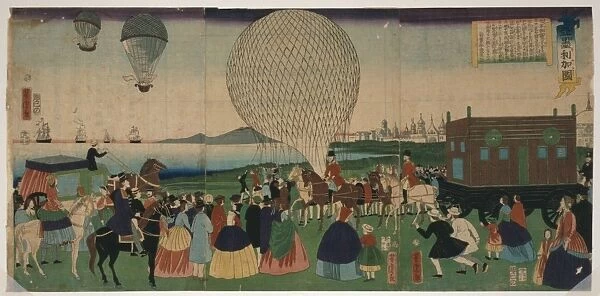 America. Japanese triptych print shows view in America of a crowd gathering