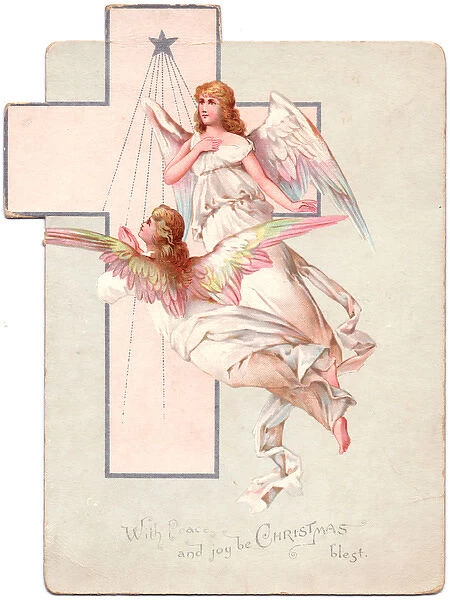 Two angels with star and cross on a Christmas card