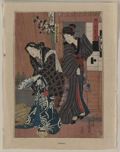 April. Print shows two women at the entrance to a building