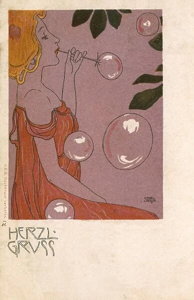 Art Nouveau - pretty girl blowing bubbles
