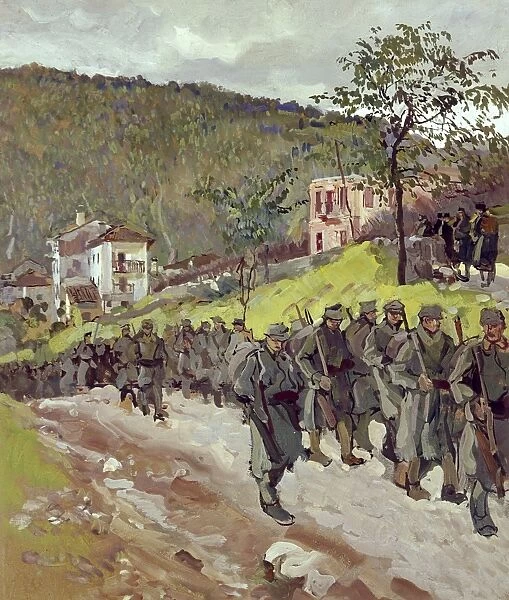 Austrian soldiers marching along a country road, WW1