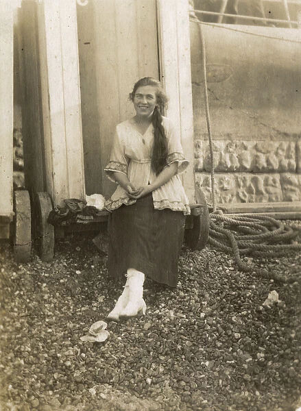 Bessie Benson photographed in front of her Bathing Machine