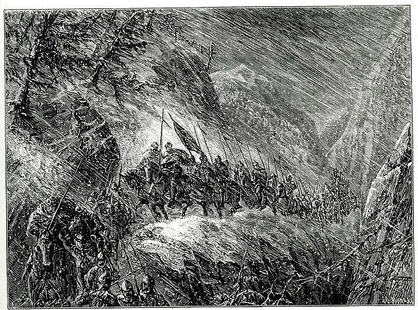 The Black Princes march with his army through Roncesvalles (Roncevaux)