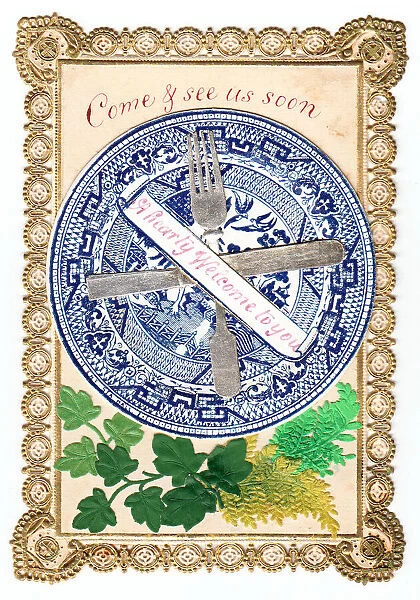 Blue and white plate with cutlery on a greetings card
