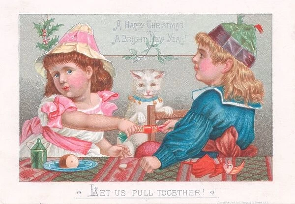 Boy and girl pulling cracker on a Christmas card