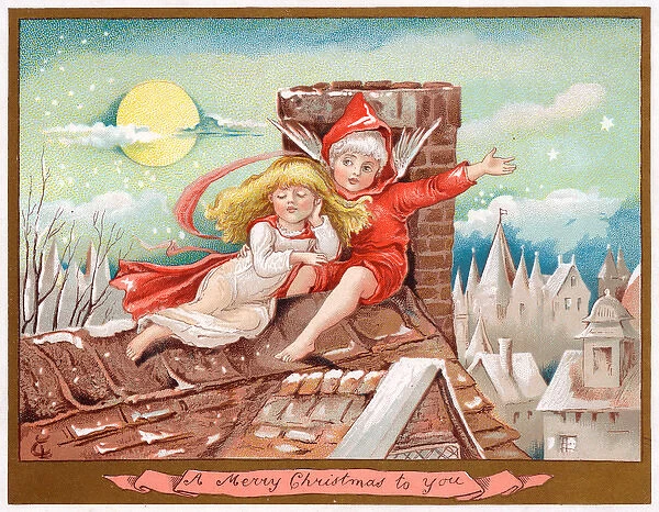 Boy and girl on a rooftop on a Christmas card