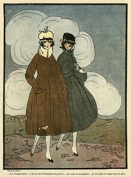 Cartoon, Two young Frenchwomen, WW1