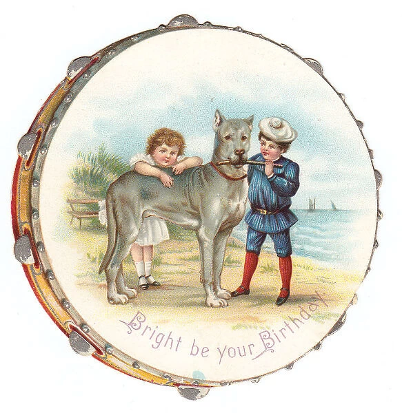 Children and dog on a tambourine-shaped birthday card