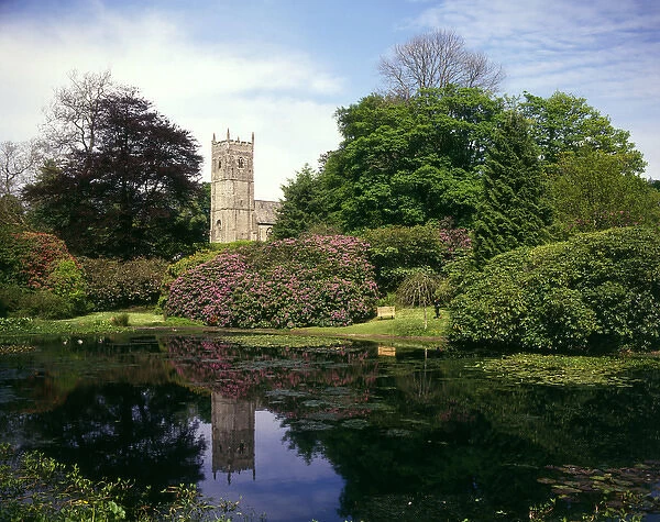 Church and pond at Arlington Court, North Devon