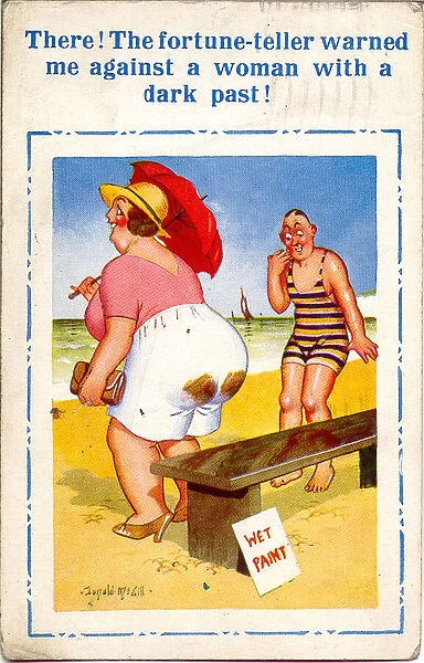 Comic postcard, Bench with wet paint on the beach Date: 20th century