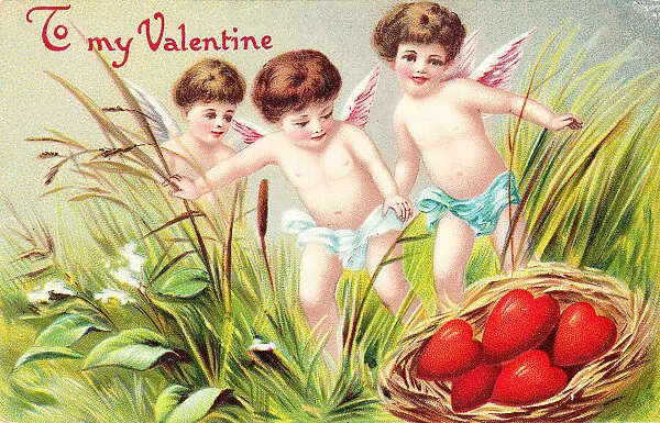 Cupids with red hearts on a Valentine postcard