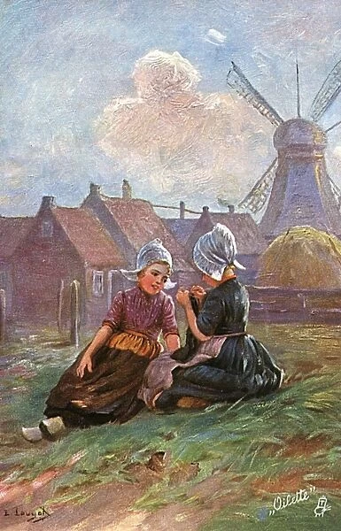 Dutch Peasant Girls knitting Fathers socks