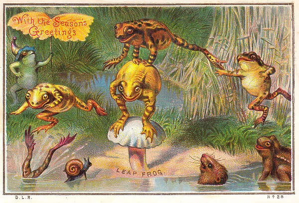 Frogs playing leapfrog on a Christmas card