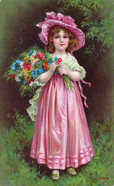 Girl with a bouquet of flowers on a greetings postcard