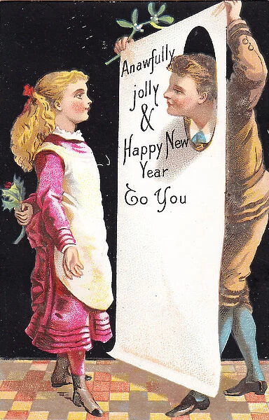 Girl and boy on a New Year card