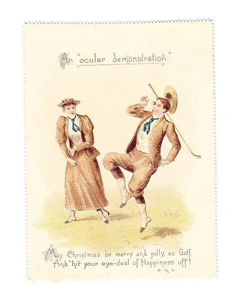 Golfing couple on a comic Christmas card