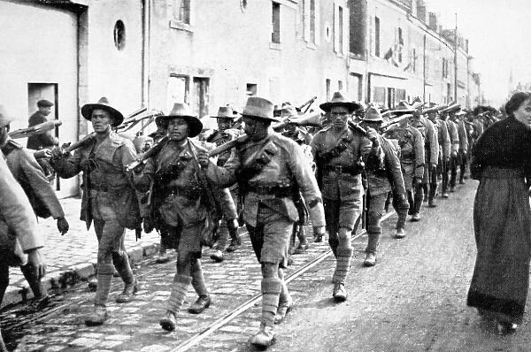 Gurkhas on the march through a French town