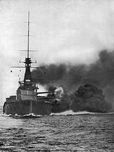 HMS Monarch firing her broadside, August 1914