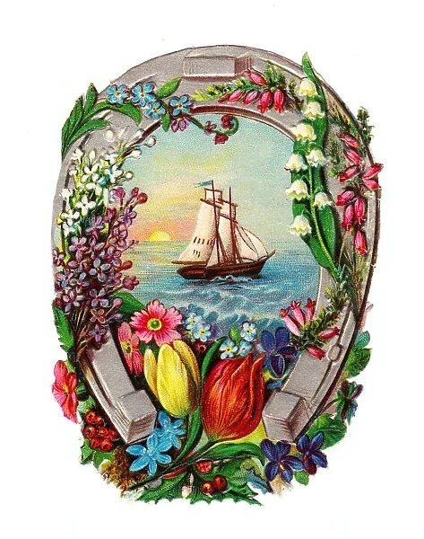 Horseshoe with flowers and seascape on a Victorian scrap