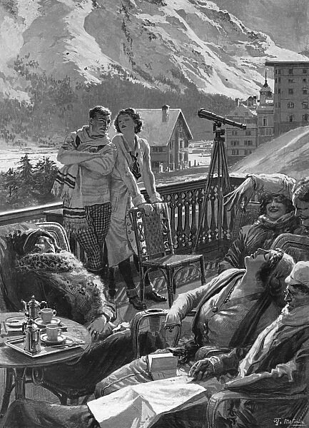 A hotel terrace after lunch in St. Moritz, Switzerland