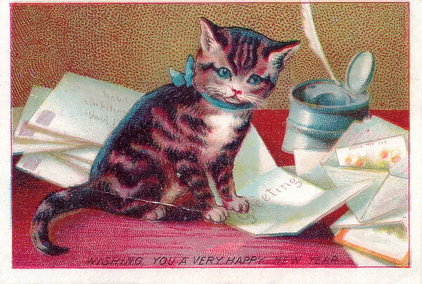 Kitten with letters on a New Year card