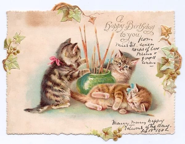 Three kittens on a cutout birthday card