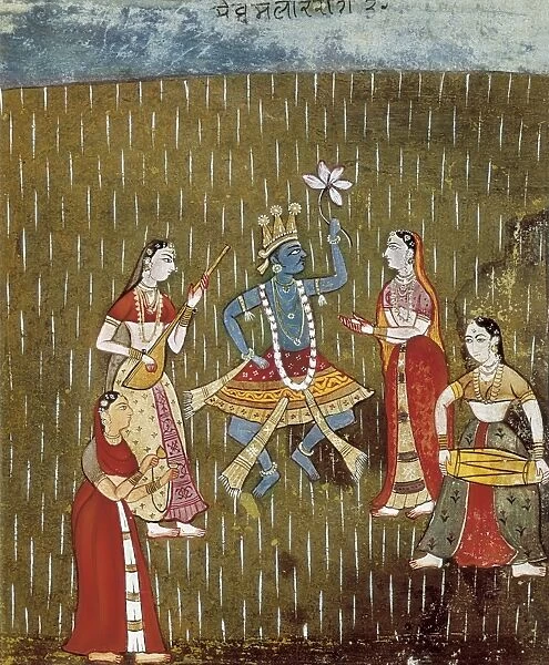 Krishna with a lotus flower and Radha dancing in