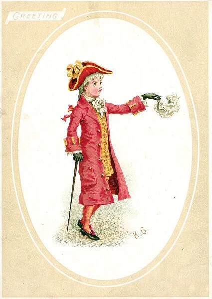 Little boy in historical costume on a greetings card