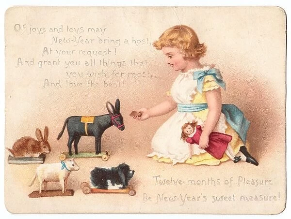 Little girl with her toys on a New Year card
