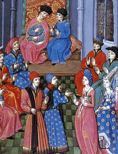 Medieval miniature. Meeting of the Roman Senate. Discussion
