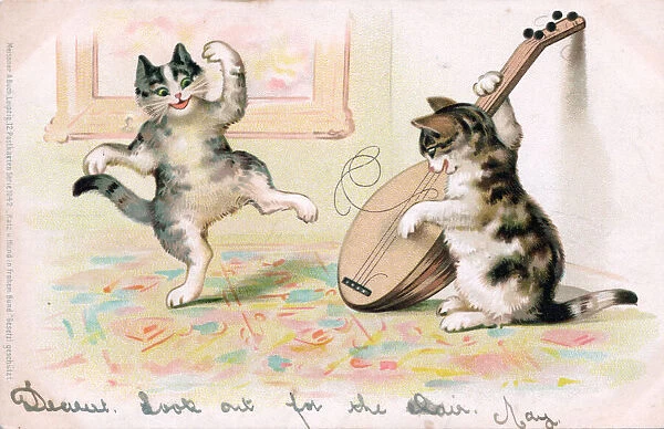 Musical cat playing a mandolin on a German postcard