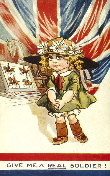 Patriotic British postcard, girl with toy soldiers, WW1
