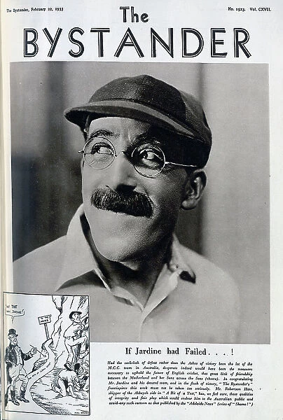 Robertson Hare, actor, character portrait in glasses and cricket cap. John Robertson Hare, OBE (1891-1979) actor who established his career in the Aldwych farces. Captioned, If Jardine had failed