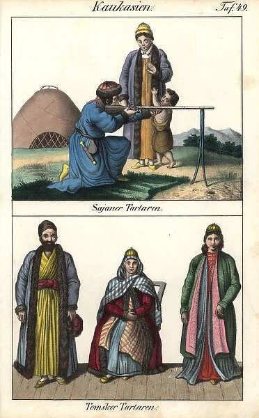 Sayan Tatar man firing a musket, and three