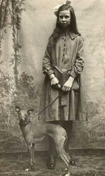 Studio portrait, tall girl with whippet