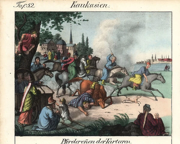 Tatar men horseracing through a town in the