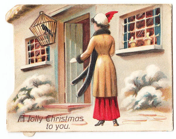 Woman approaching house on a Christmas card