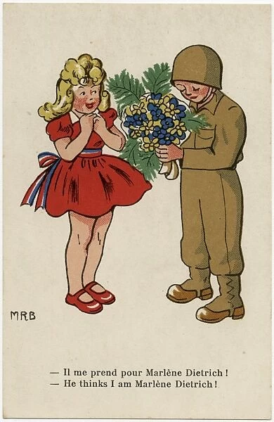 WW2 - American GI presents a French girl with flowers