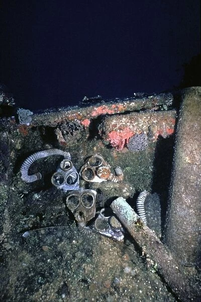 Gas masks - Lying on a Japanese war time wreck 100 feet down in Truk Lagoon. Truk Islands