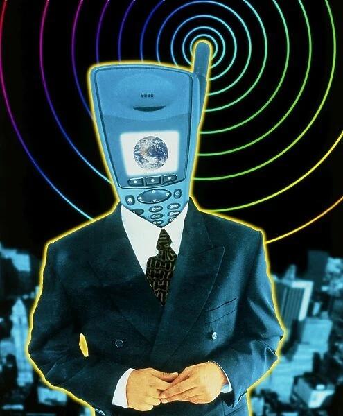 Artwork of a businessman with a mobile phone head