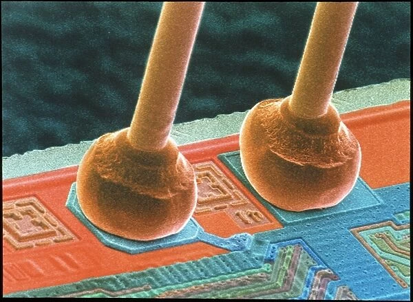 Coloured SEM of integrated circuit micro-wires