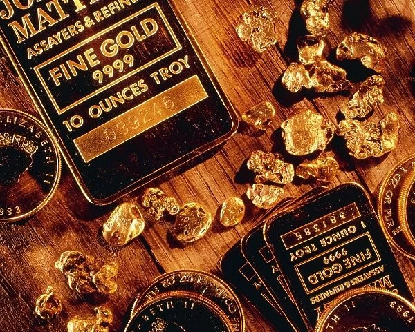 Nuggets, bars and coins made of gold