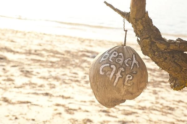 Beach Cafe written on a coconut on Gili Trawangan, Gili Isles Archipelago, Indonesia, Southeast Asia, Asia