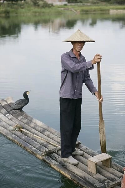 Fisherman with cormorant, Li River, Yangshuo, Guangxi Province, China, Asia