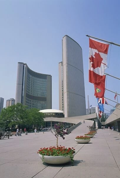 Flags outside the modern buildings of City Hall in Toronto, Ontario, Canada
