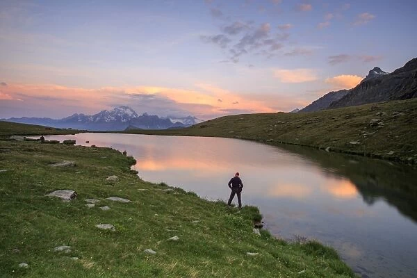 Hiker on the shore admires the pink colors of dawn reflected in Lake Campagneda, Malenco Valley