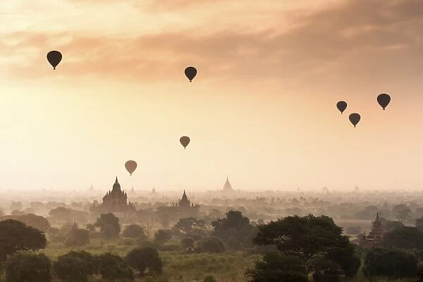 Hot air balloons over the temples of Bagan (Pagan), Myanmar (Burma), Asia