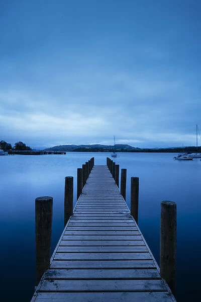 Jetty at dusk, Lake Windermere, Lake District, Cumbria, England, United Kingdom